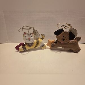 Vintage Handpainted Wood Folk Art Angel Cat & Dog Christmas Ornaments